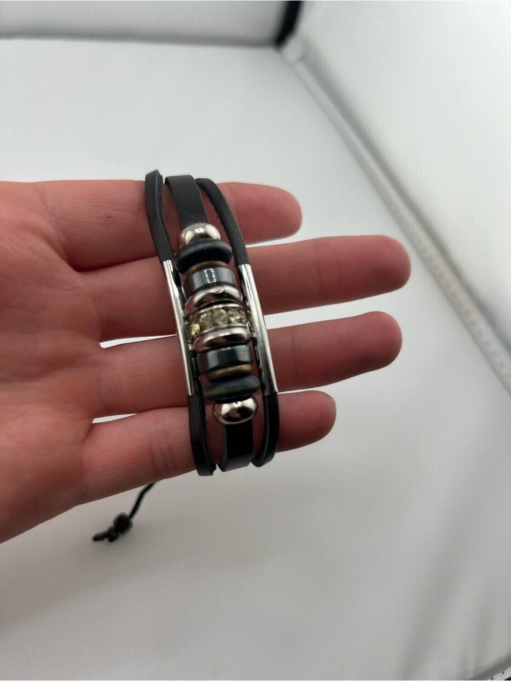 Black Leather Multi Strand Bracelet Silver Bead Rhinestone Accent Unisex